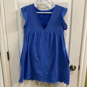 Blue Eyelet Baby Doll Romper Dress Pockets Zip Ruffle Sleeves Size Medium Summer